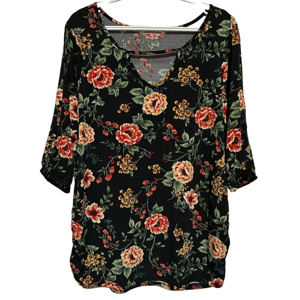 Liberty Love Women's Black Floral Red Yellow Green Short Sleeve Blouse Size 2XL
